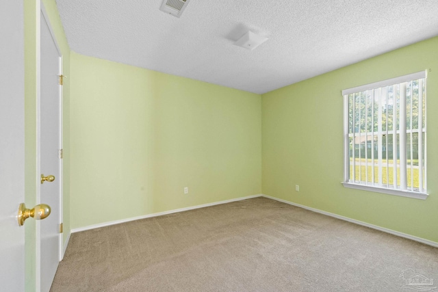 empty room featuring a textured ceiling and light colored carpet