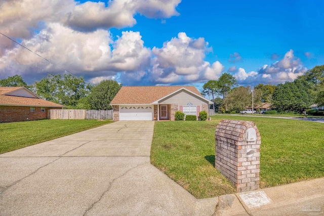 ranch-style house with a front yard and a garage