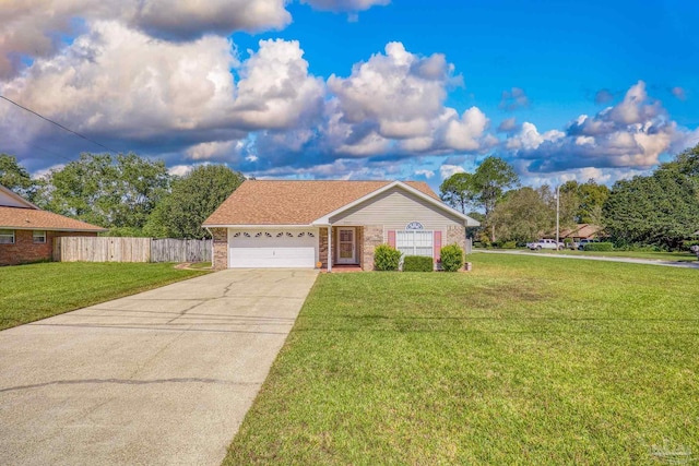 single story home with a front lawn and a garage