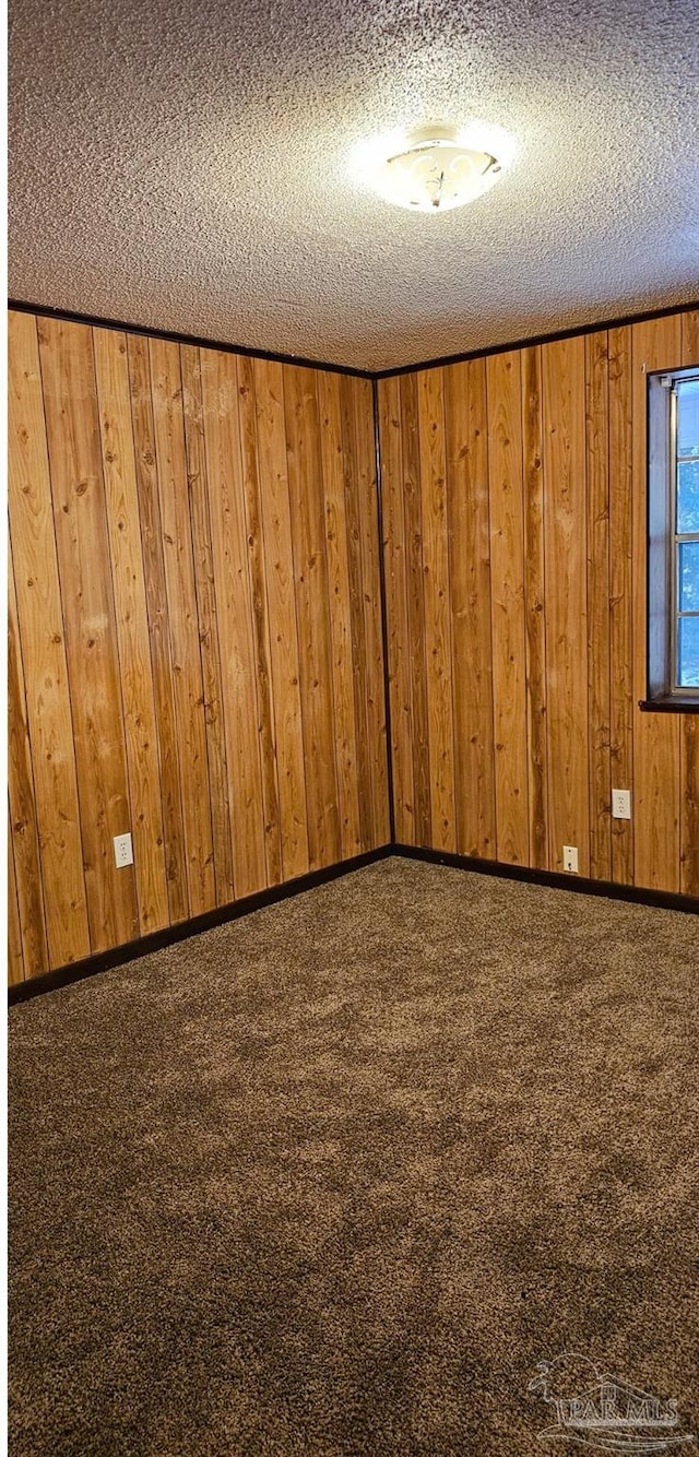 carpeted empty room featuring wood walls and a textured ceiling