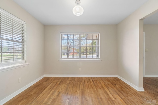 spare room with plenty of natural light, wood finished floors, and baseboards