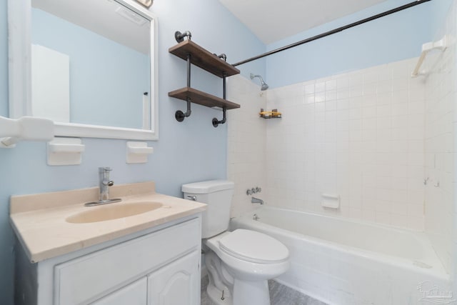 full bath featuring washtub / shower combination, toilet, and vanity