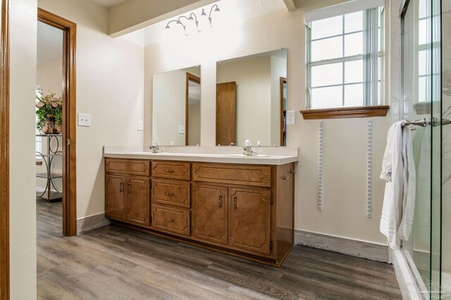 bathroom featuring vanity, wood-type flooring, and a shower with shower door