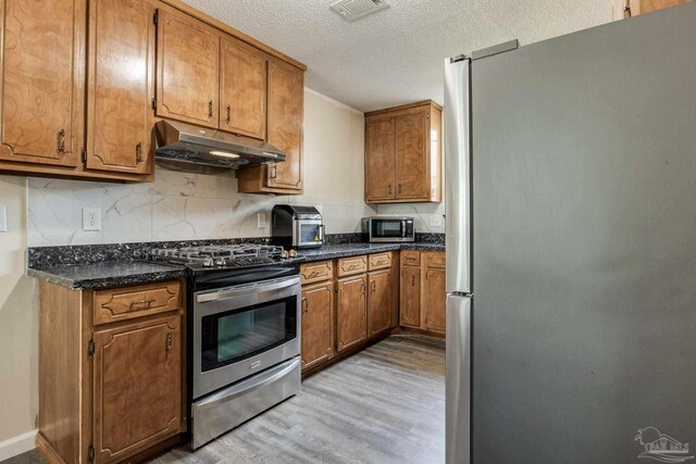 kitchen featuring decorative backsplash, light hardwood / wood-style flooring, range hood, appliances with stainless steel finishes, and a textured ceiling