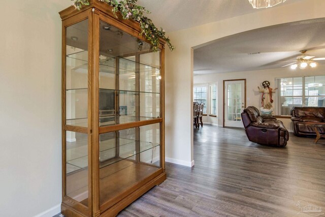 dining space with hardwood / wood-style flooring, plenty of natural light, and ceiling fan