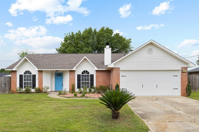 5732 Dove Dr, Pace, FL 32571 - ranch-style home featuring brick siding, an attached garage, concrete driveway, a shingled roof, and a chimney