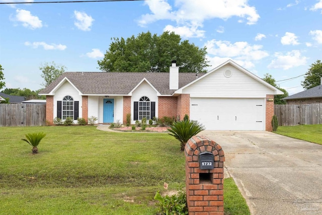 5732 Dove Dr, Pace, FL 32571 - ranch-style home featuring driveway, an attached garage, brick siding, a chimney, and roof with shingles