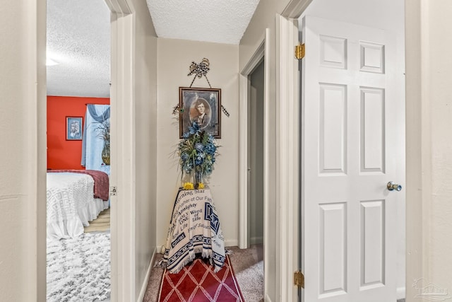 hallway with carpet floors and a textured ceiling