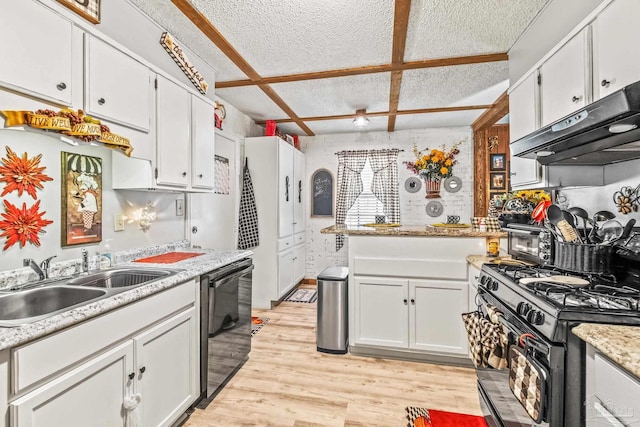 kitchen with white cabinets, a textured ceiling, black appliances, light hardwood / wood-style flooring, and sink