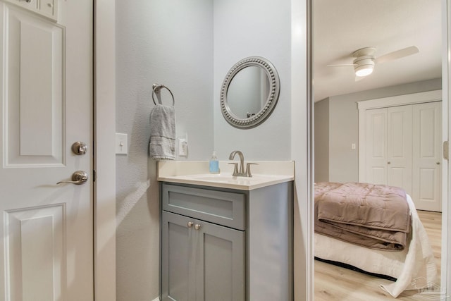 bathroom with vanity, a ceiling fan, and wood finished floors