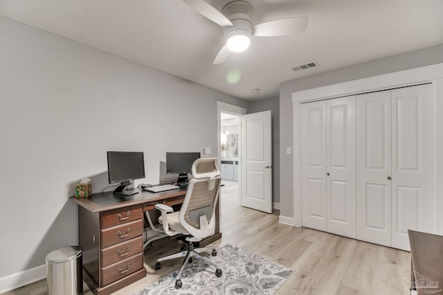 home office featuring a ceiling fan, light wood-style floors, visible vents, and baseboards