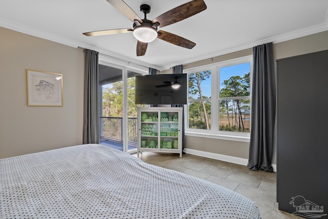 unfurnished bedroom featuring crown molding, access to outside, ceiling fan, and light tile patterned flooring