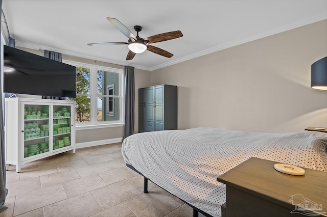 bedroom with ornamental molding, light tile patterned floors, and ceiling fan