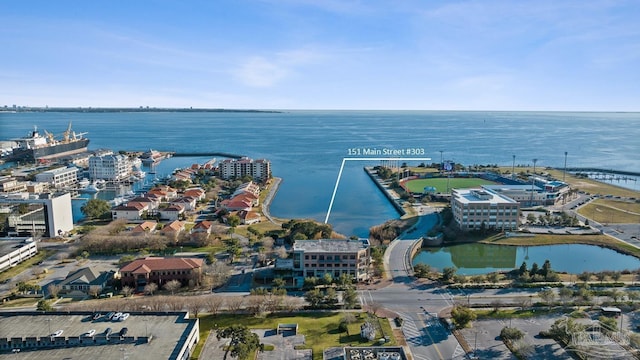 birds eye view of property featuring a water view