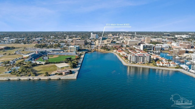 drone / aerial view with a water view