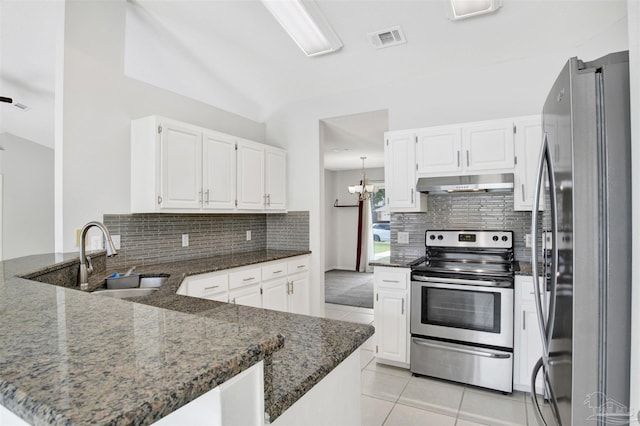 2252 Valle Escondido Dr, Pensacola, FL 32526 - kitchen with light tile patterned floors, stainless steel appliances, under cabinet range hood, a sink, and a peninsula