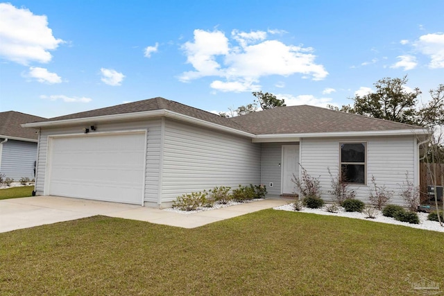 8743 Schooner Ln, Pensacola, FL 32507 - ranch-style home featuring driveway, an attached garage, a shingled roof, and a front lawn