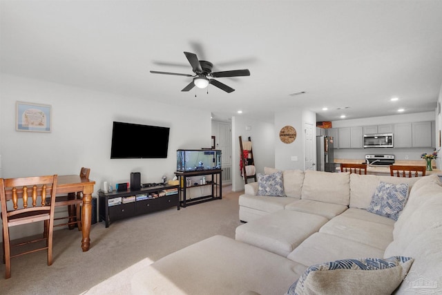 8743 Schooner Ln, Pensacola, FL 32507 - living room with recessed lighting, light carpet, visible vents, and ceiling fan