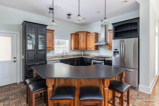 kitchen featuring open shelves, ornamental molding, a sink, appliances with stainless steel finishes, and wall chimney exhaust hood