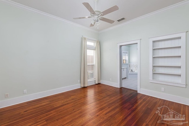 unfurnished bedroom with visible vents, ceiling fan, baseboards, ornamental molding, and wood finished floors