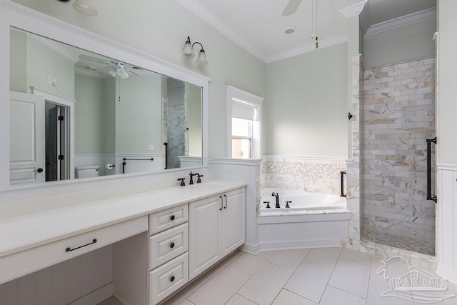 full bath with a bath, a shower stall, crown molding, and a ceiling fan