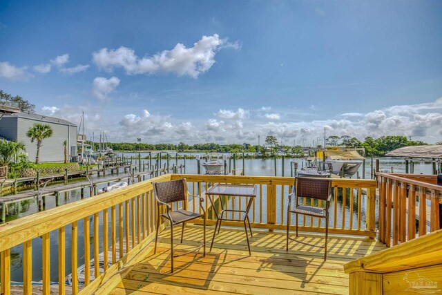 deck with a boat dock and a water view