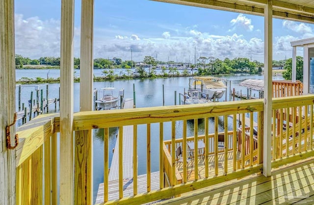 wooden deck featuring a water view and a boat dock