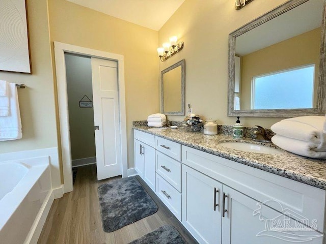 bathroom with wood-type flooring, vanity, and a bathing tub