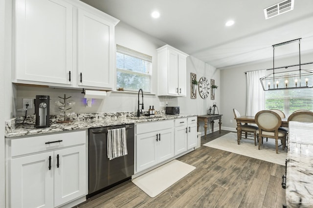1567 Sawyers Ridge Cv, Cantonment, FL 32533 - kitchen featuring dishwasher, white cabinetry, dark wood-style flooring, recessed lighting, and light stone countertops