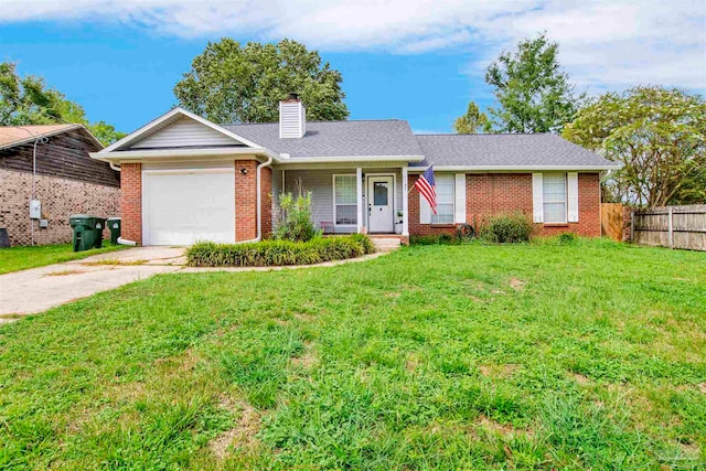 single story home featuring a front lawn and a garage