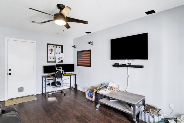 living room with french doors, dark hardwood / wood-style floors, a textured ceiling, and ceiling fan