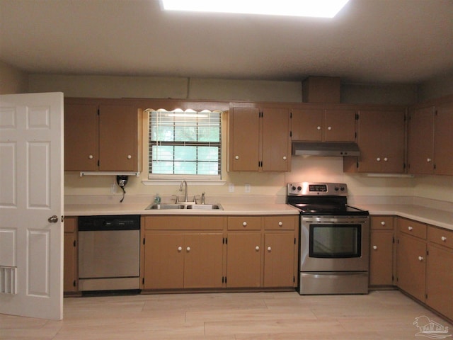 5078 Babb Ln, Pace, FL 32571 - kitchen with stainless steel electric range oven, dishwasher, under cabinet range hood, light countertops, and light wood finished floors