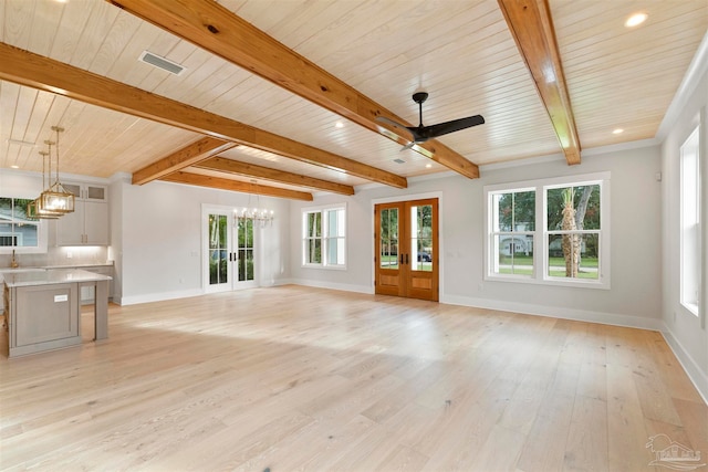 unfurnished living room featuring french doors, wooden ceiling, and light wood-type flooring