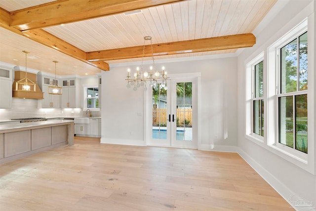 kitchen featuring hanging light fixtures, wooden ceiling, and custom range hood