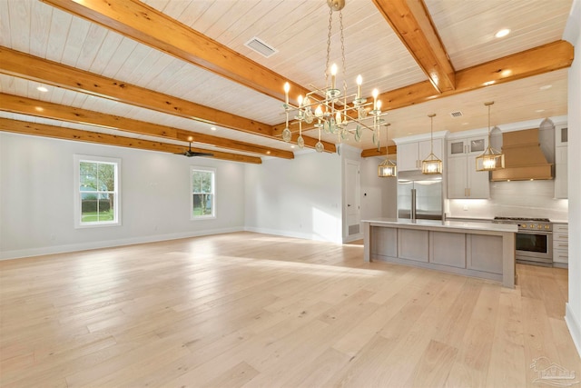 interior space featuring wooden ceiling, light hardwood / wood-style floors, a chandelier, and beamed ceiling