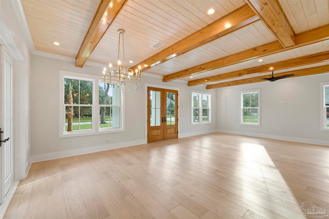 interior space with beam ceiling, light hardwood / wood-style floors, and wooden ceiling