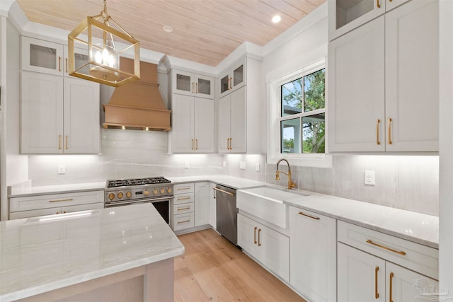 kitchen featuring decorative light fixtures, backsplash, stainless steel appliances, custom range hood, and wooden ceiling