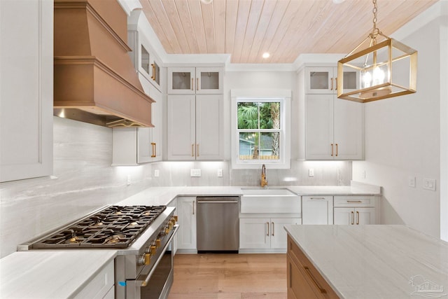 kitchen featuring pendant lighting, wood ceiling, appliances with stainless steel finishes, white cabinets, and custom exhaust hood