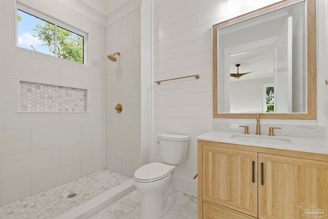 bathroom with vanity, toilet, and a tile shower