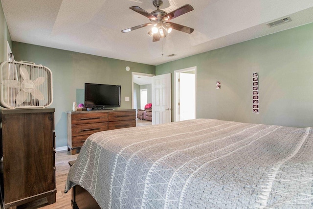 bedroom featuring ceiling fan and light hardwood / wood-style flooring