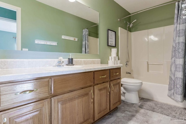 full bathroom featuring toilet, vanity, and shower / bathtub combination with curtain