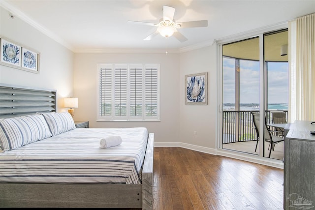 bedroom with baseboards, wood-type flooring, ceiling fan, access to exterior, and crown molding