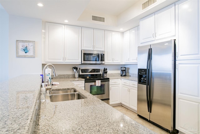 kitchen with stainless steel appliances, visible vents, a sink, and white cabinetry