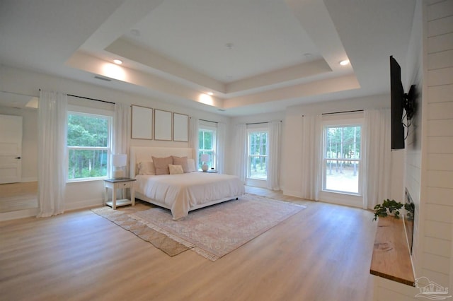 bedroom featuring a raised ceiling, multiple windows, and light hardwood / wood-style floors