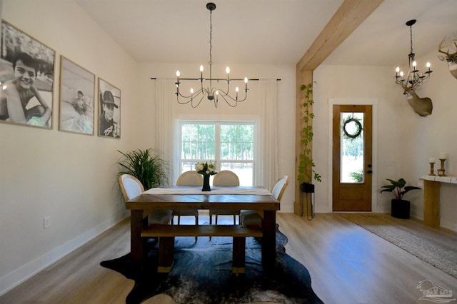 dining space featuring an inviting chandelier, a healthy amount of sunlight, and light hardwood / wood-style floors