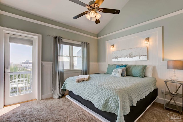 bedroom with ceiling fan, carpet flooring, and vaulted ceiling