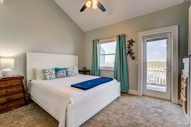 bedroom with vaulted ceiling, light carpet, ceiling fan, and access to exterior