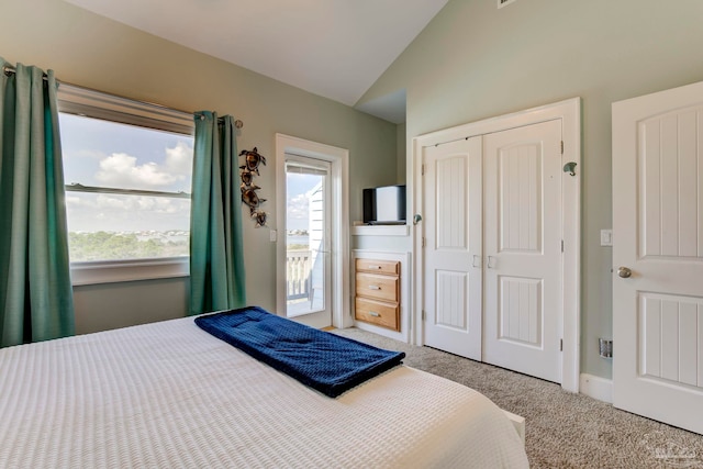 bedroom featuring light carpet, lofted ceiling, multiple windows, and access to exterior