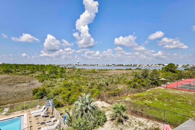 bird's eye view with a water view