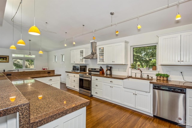 kitchen featuring appliances with stainless steel finishes, a healthy amount of sunlight, wall chimney range hood, and white cabinets